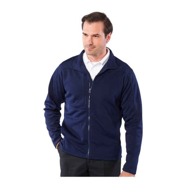 A man wearing a navy Edwards fleece jacket.