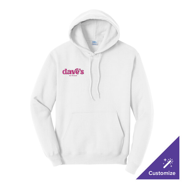 A white unisex pullover hoodie sweatshirt with a front pocket and 'dave's Ice Cream' logo on the chest.