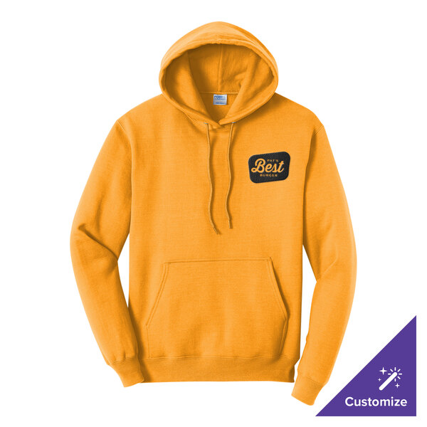 A gold unisex pullover hoodie sweatshirt with a front pocket and a small customizable logo on the chest.