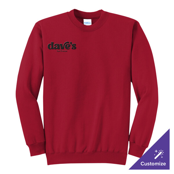 A red unisex crewneck sweatshirt with 'dave's Ice Cream' printed on the left chest and a customizable option.
