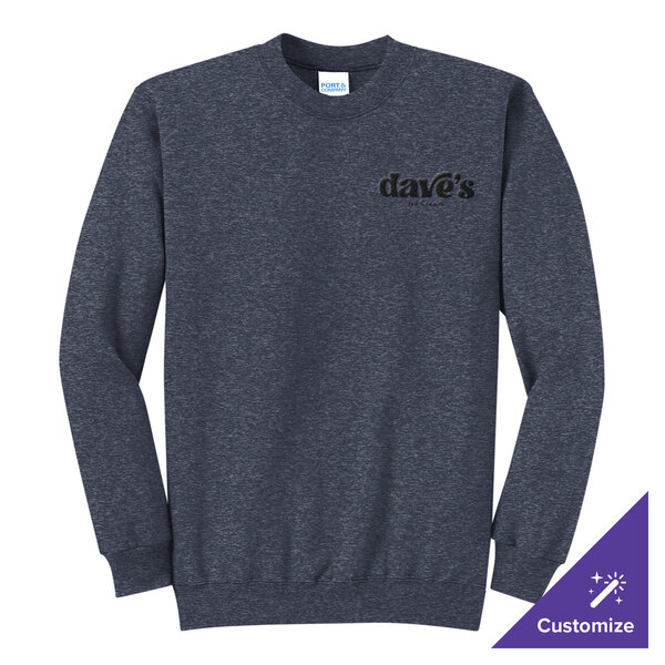 A heather navy unisex crewneck sweatshirt with a small logo on the chest, made from a cotton and polyester blend.