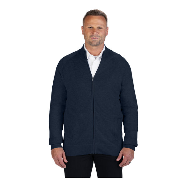 A unisex navy full-zip sweater jacket made from an acrylic and nylon blend.