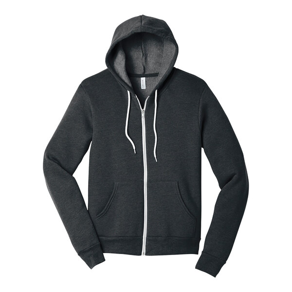 A dark gray Bella + Canvas zip up hoodie with a white zipper.