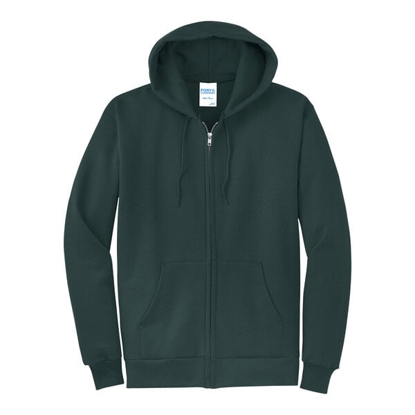 A Port & Company dark green zip-up hoodie.