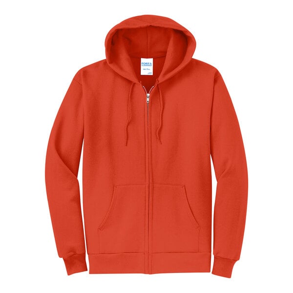 An orange Port & Company zip up hoodie sweatshirt.