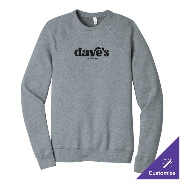 A gray unisex crewneck sweatshirt with 'dave's Ice Cream' printed on the front.