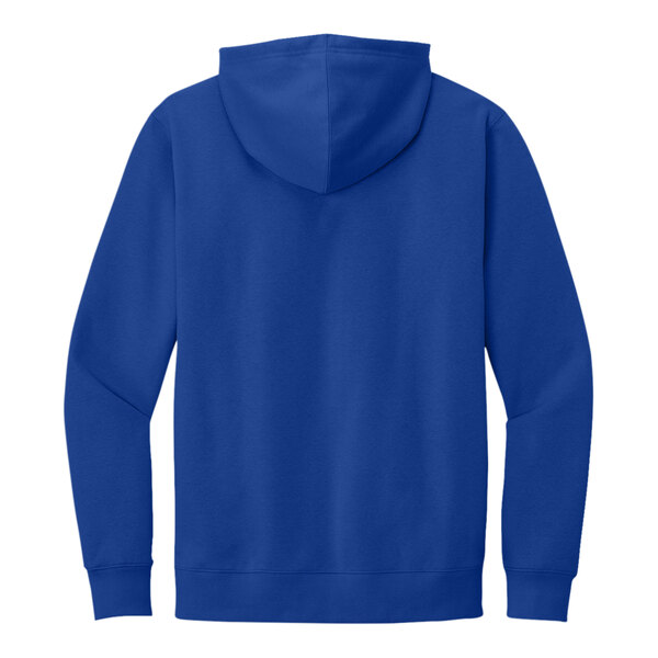 A blue District hoodie with the hood up.