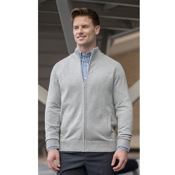 Edwards 4066 Unisex Customizable Gray Heather Full-Zip Sweater Jacket - Acrylic / Nylon Blend - XL