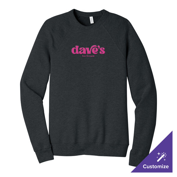 A dark gray heather unisex crewneck sweatshirt with "dave's Ice Cream" printed in pink on the front.
