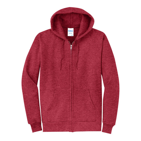 A Port & Company heather red core fleece full-zip hoodie sweatshirt with a white label.