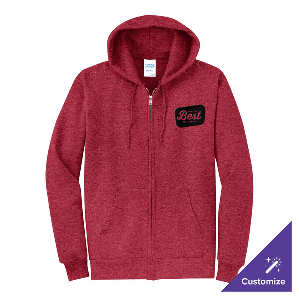 A heather red full-zip hoodie sweatshirt with a small chest graphic and customizable options.