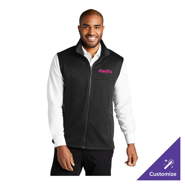 A black fleece vest with a front zipper, worn over a white shirt, shown in a customizable design.