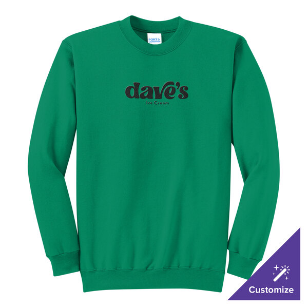 A kelly green unisex crewneck sweatshirt with 'dave's Ice Cream' printed on the front.