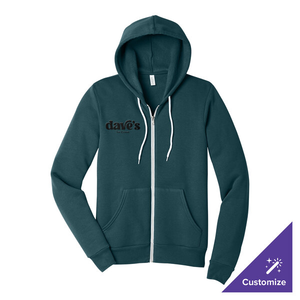 A customizable unisex Atlantic blue full-zip hoodie sweatshirt with a front logo and white drawstrings.