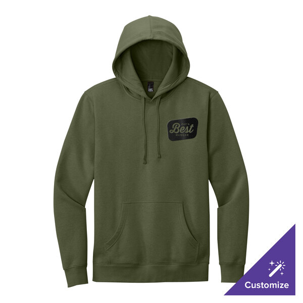 A large olive green unisex fleece hoodie sweatshirt with a front pocket and a customizable chest logo.