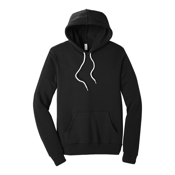 A black Bella Canvas Sponge Fleece pullover hoodie with white strings.
