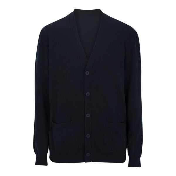 A navy jersey knit cardigan with buttons.