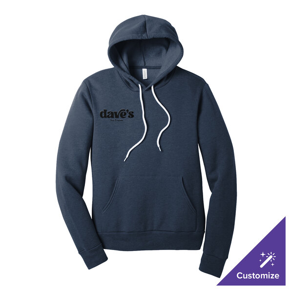 A navy blue unisex pullover hoodie with a front pocket and customizable logo on the chest.