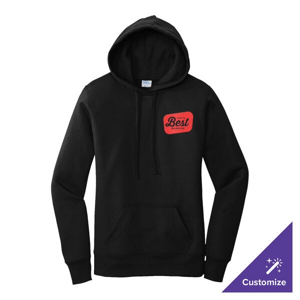 A black women's pullover hoodie sweatshirt with a front pocket and a customizable red logo on the chest.