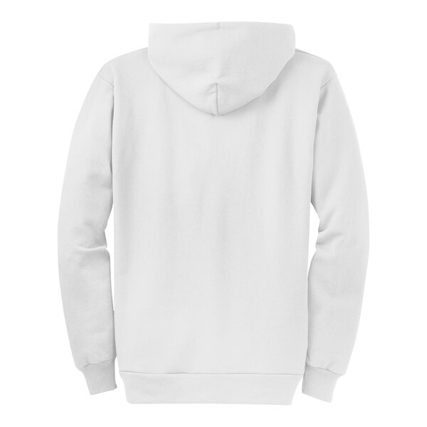 A white Port & Company full-zip hoodie with a hood.