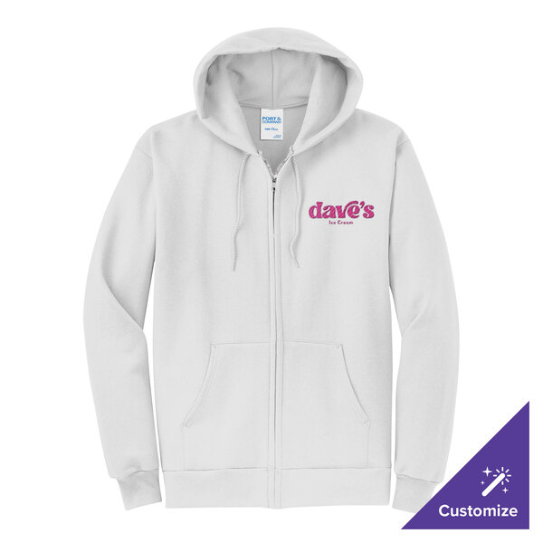 A white full-zip hoodie sweatshirt with a small 'dave's Ice Cream' logo on the left chest.
