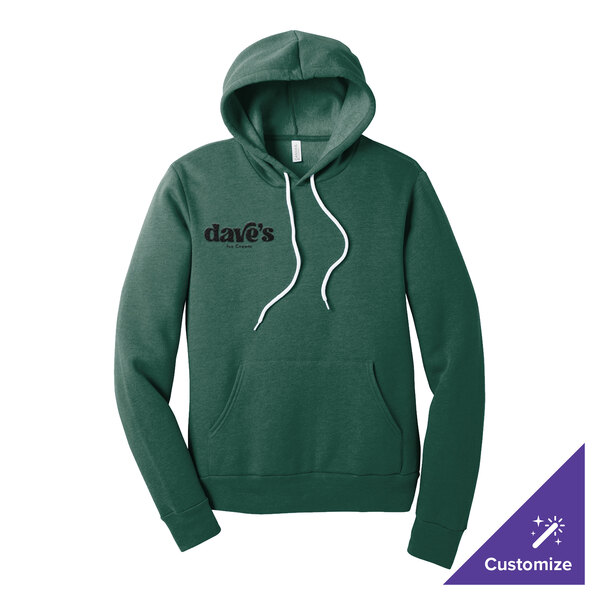 A green unisex pullover hoodie sweatshirt with a front pocket and white drawstrings, featuring a customizable logo on the chest.