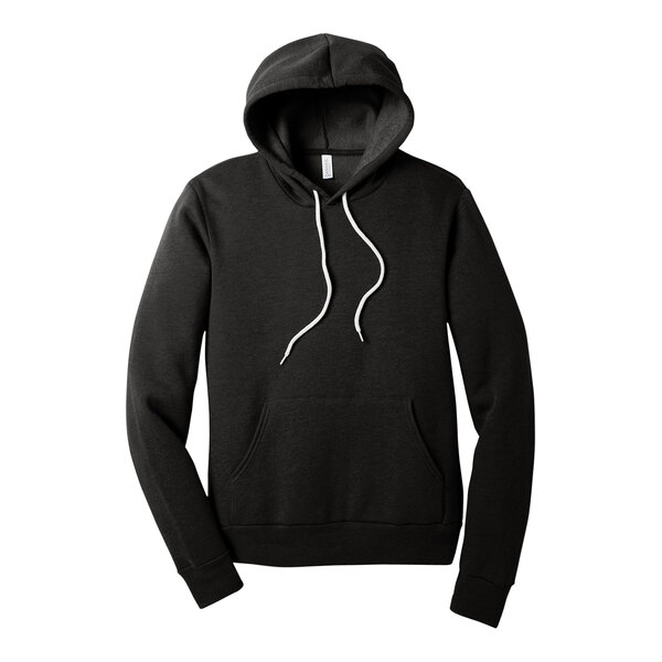 A Bella + Canvas heather black sweatshirt with a white string.