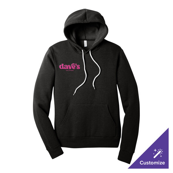 A large heather black unisex pullover hoodie sweatshirt with a front pocket and customizable logo, made from a combed ring-spun cotton and polyester blend.