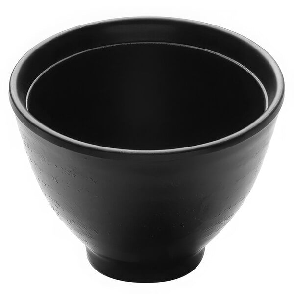 A black Elite Global Solutions melamine soup bowl.