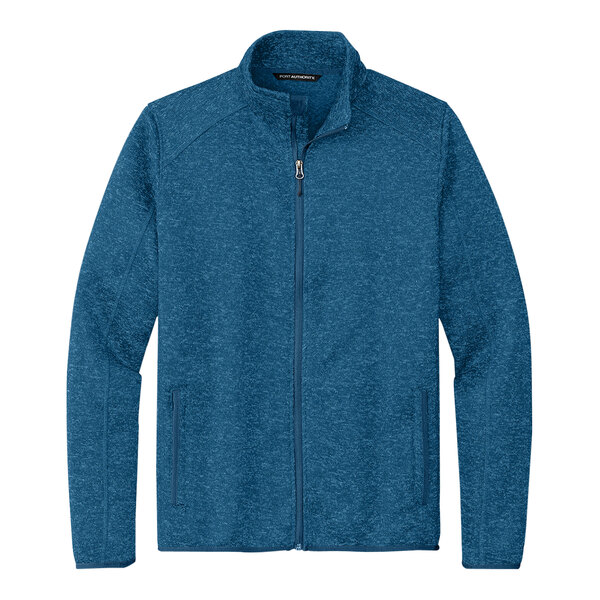 A Port Authority medium blue fleece sweater jacket with a zipper.