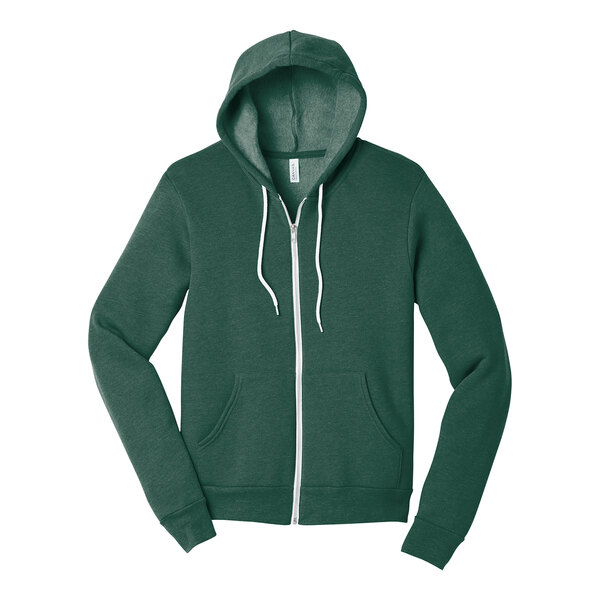 A Bella + Canvas heather forest green zip up hoodie.