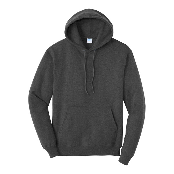 A black Port & Company Core Fleece pullover hoodie with a hood.