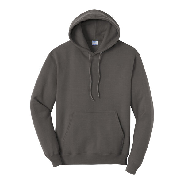 A charcoal Port & Company Core Fleece pullover hoodie with a hood.