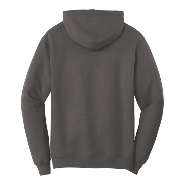 A back view of a Port & Company charcoal pullover hoodie with a hood.