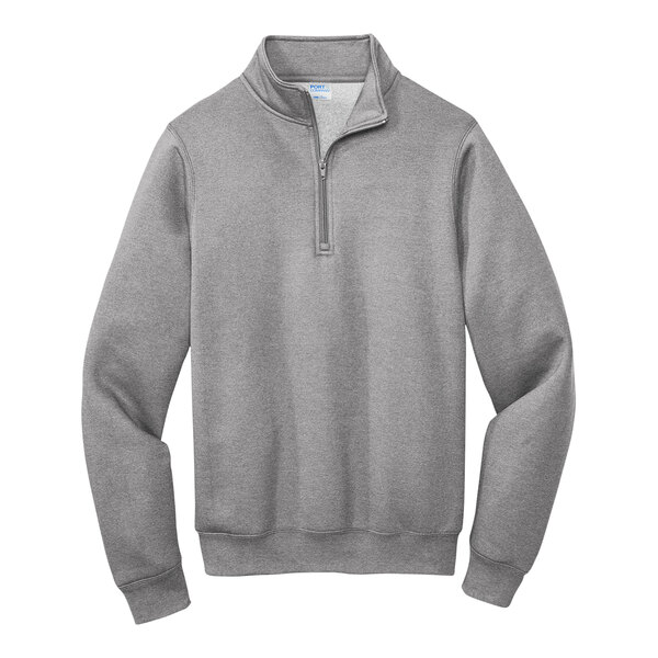 A Port & Company athletic heather quarter-zip fleece sweatshirt in grey.