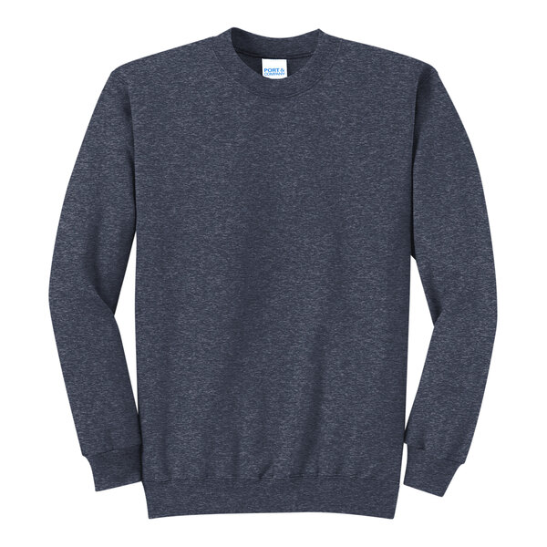 A Port & Company unisex heather navy sweatshirt with long sleeves.