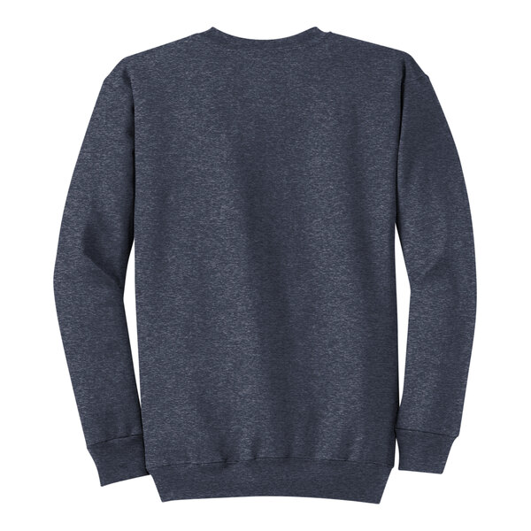 A back view of a navy heather sweatshirt.