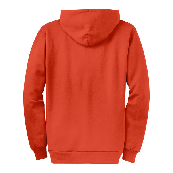 An orange Port & Company Core Fleece full-zip hoodie with a hood.