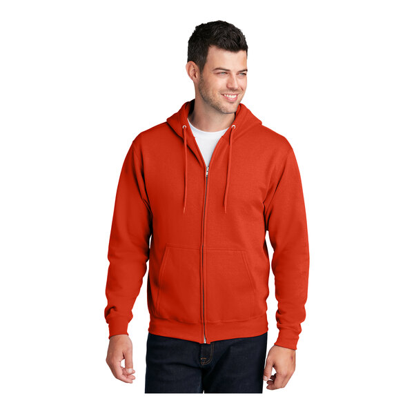 An orange Port & Company full-zip hoodie with a hood.