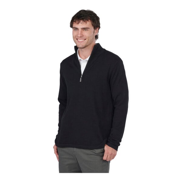 A unisex black quarter-zip sweater in a cotton blend, shown in size small.