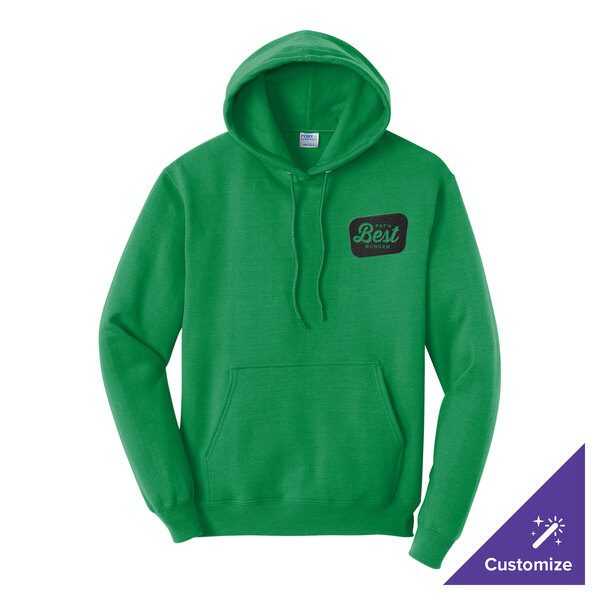 A kelly green unisex pullover hoodie sweatshirt with a front pocket and a small customizable logo on the chest.