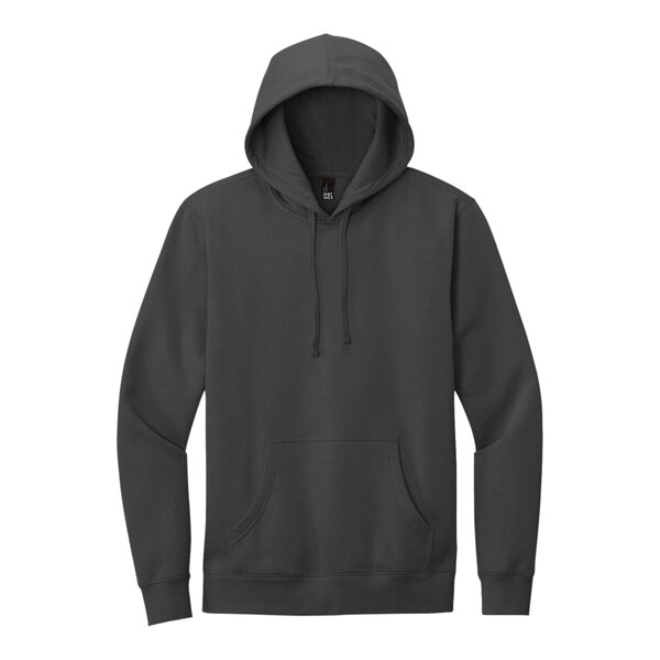 A charcoal District hoodie with a hood.