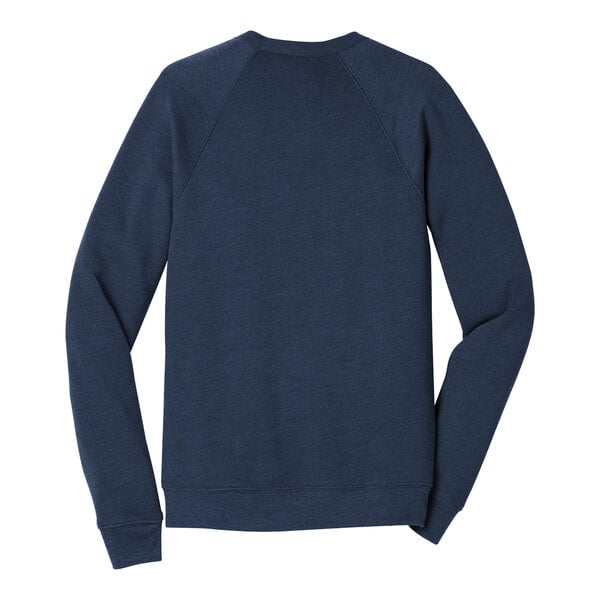 A heather navy Bella Canvas crewneck sweatshirt with long blue raglan sleeves. The front has a white logo.
