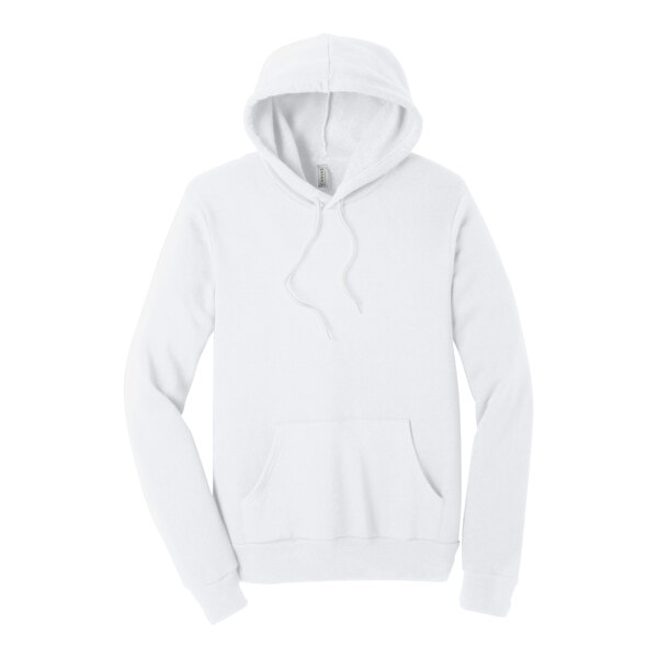 A plain white unisex pullover hoodie sweatshirt with a front pocket and drawstring hood.