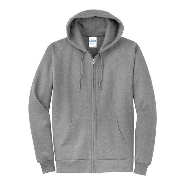 A Port & Company Core Fleece full-zip hoodie sweatshirt in athletic heather grey.