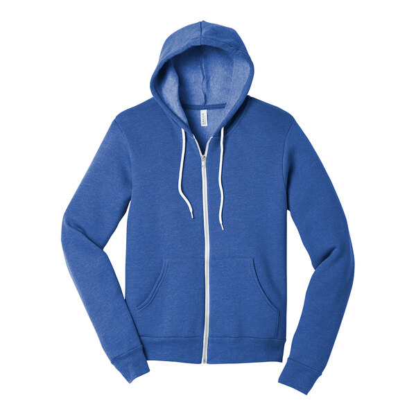 A heather true royal blue Bella + Canvas zip up hoodie with a white zipper.