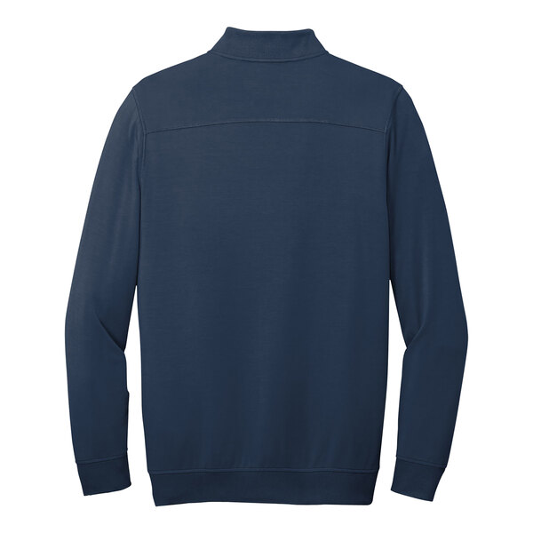 A navy TravisMathew fleece quarter-zip pullover.