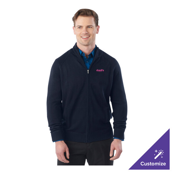 A navy unisex full-zip sweater jacket in an extra large size, made from an acrylic and nylon blend, with customizable embroidery on the chest.