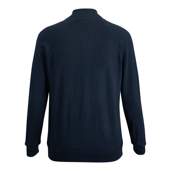 A navy full-zip sweater jacket on a mannequin.