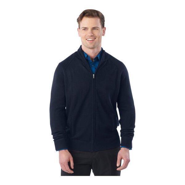 A man wearing a navy Edwards full-zip sweater jacket.